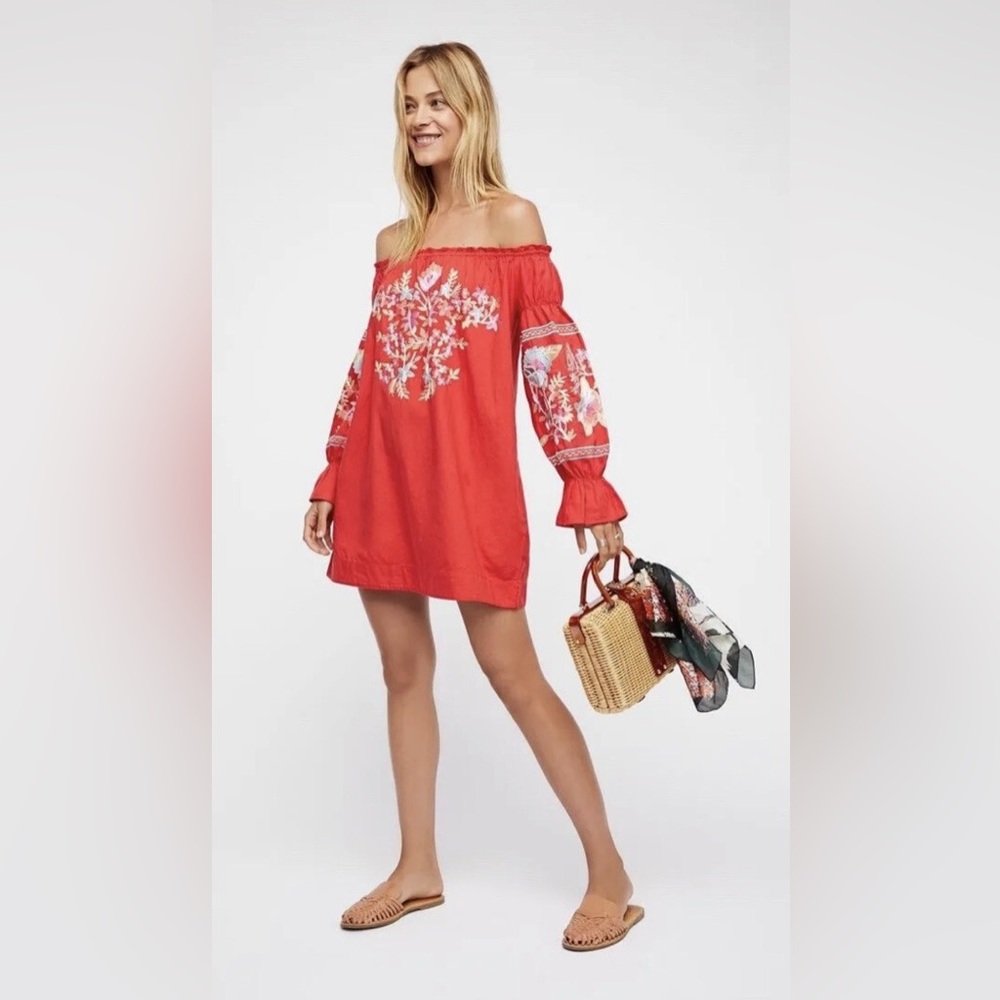 FREE PEOPLE Fleur Du Jour Enchanted Garden Off-Shoulder Red Embroidered Dress S